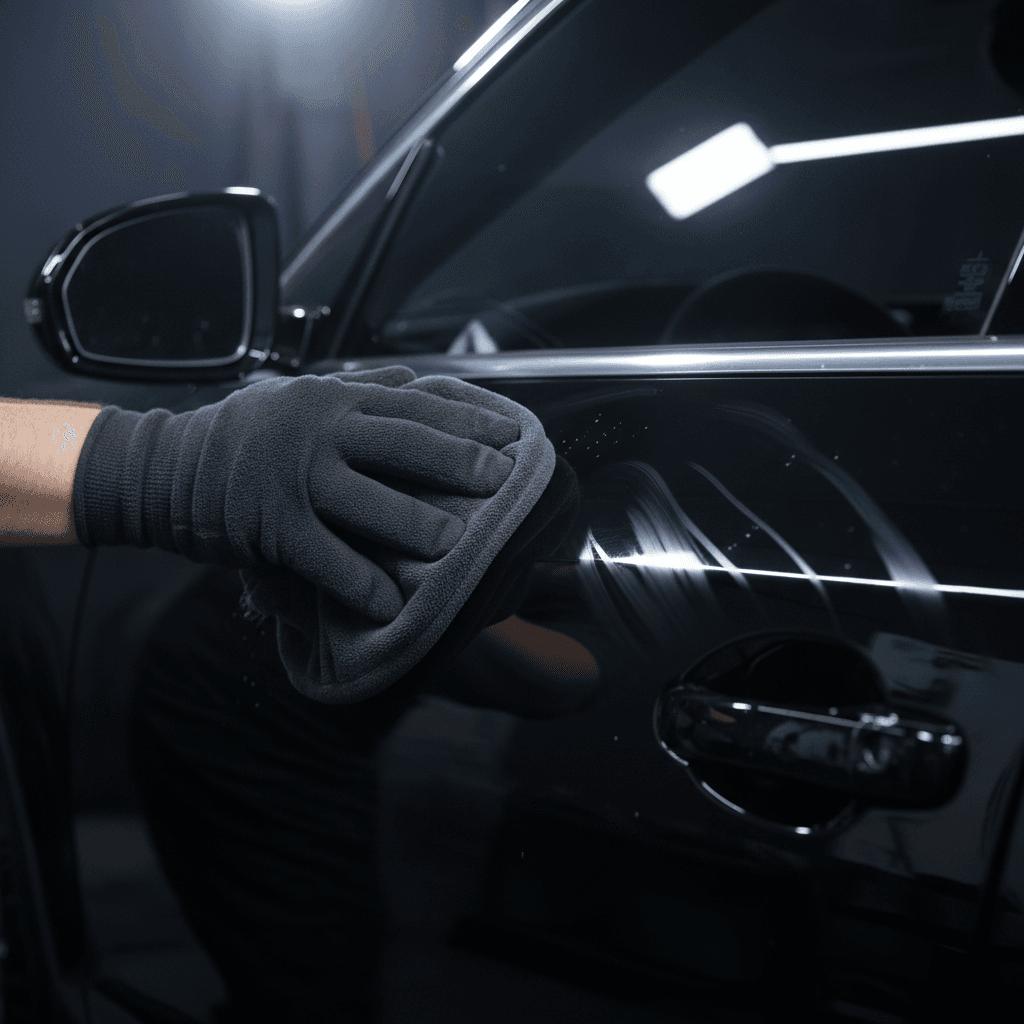 Detailer's hand polishing a glossy black car panel