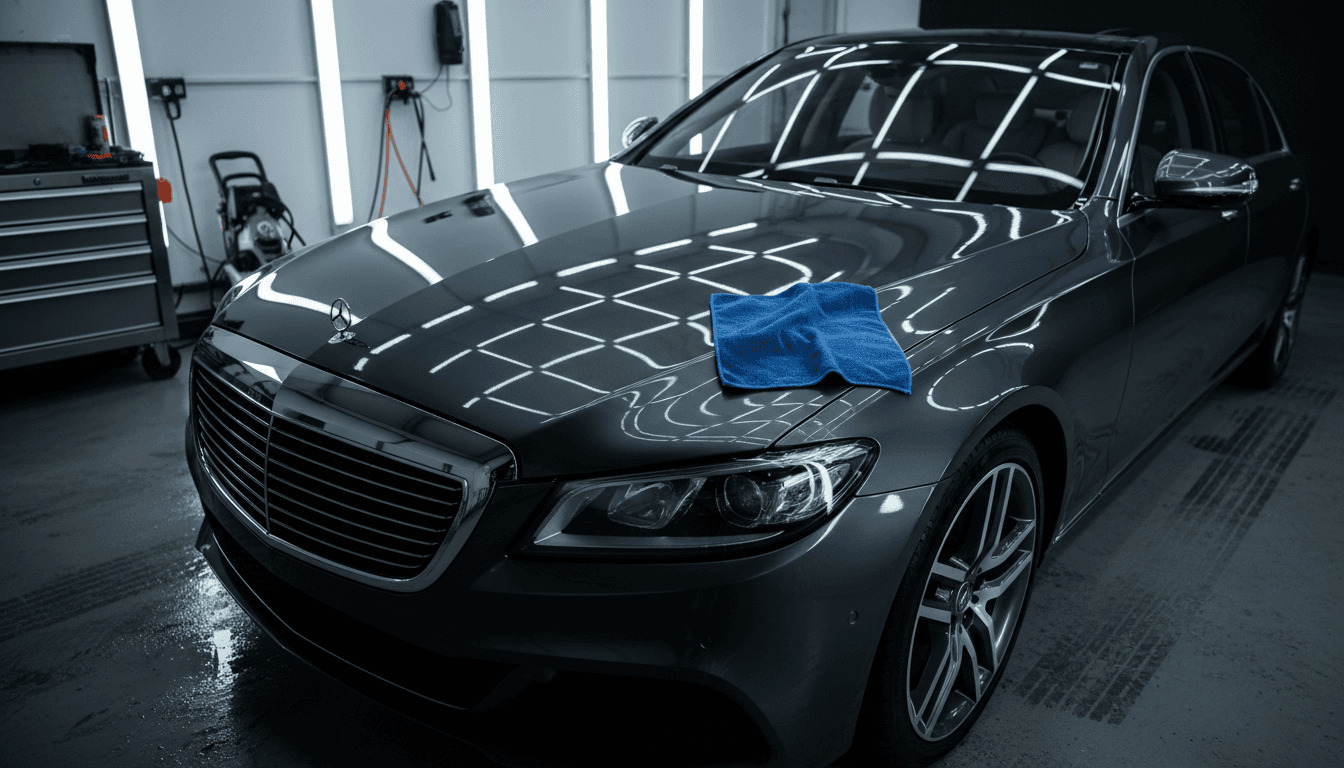 Clean dark sedan with glossy paint in a professional detailing studio
