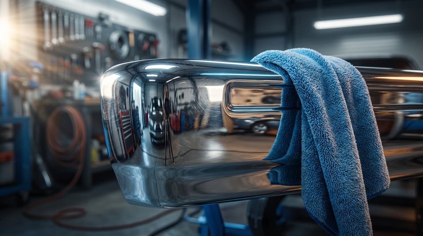 Hand polishing a glossy black car hood with a microfiber cloth in a detailing bay