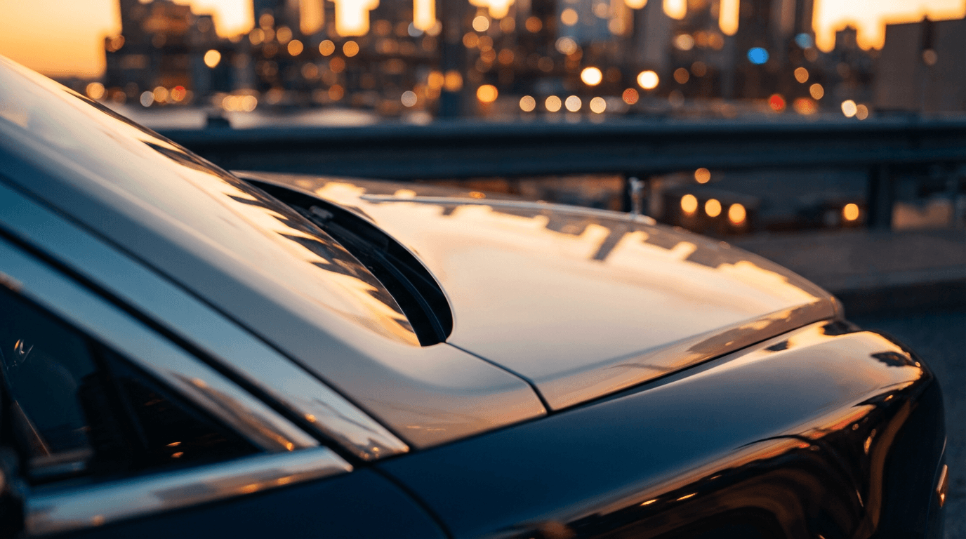 Close-up of a glossy car hood with a microfiber cloth