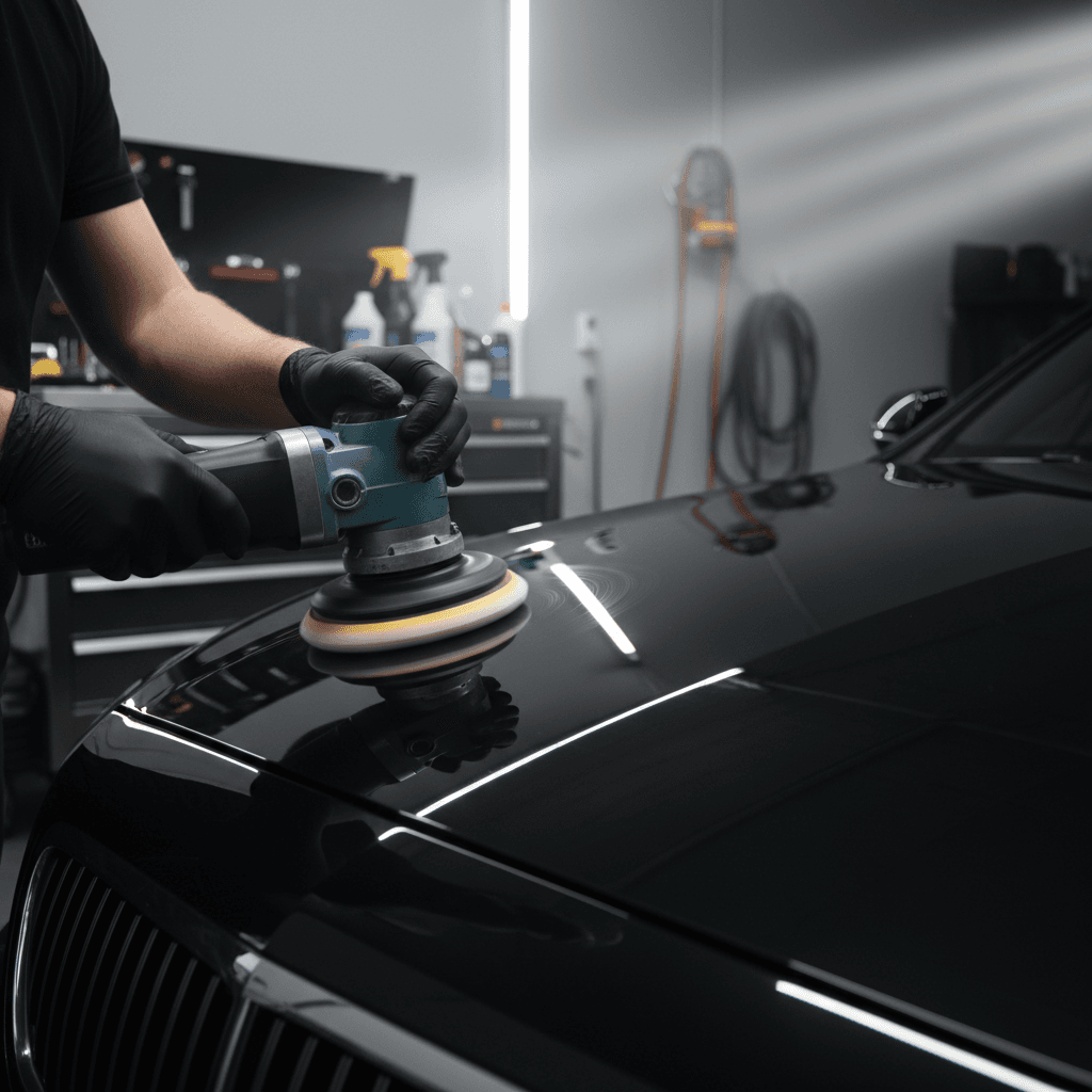 Hand polishing a glistening black car hood with a microfiber cloth