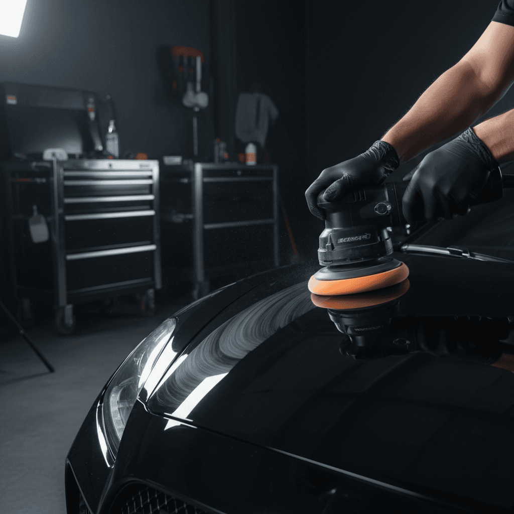 Machine polisher working on a glossy black car hood with light reflecting off the paint