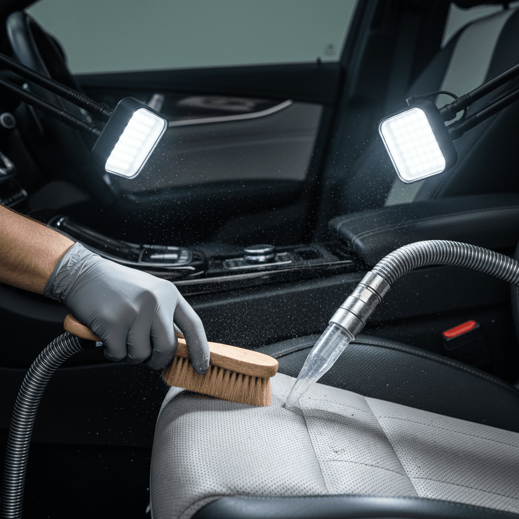 Professional detailing brush cleaning a leather car seat with a vacuum nearby
