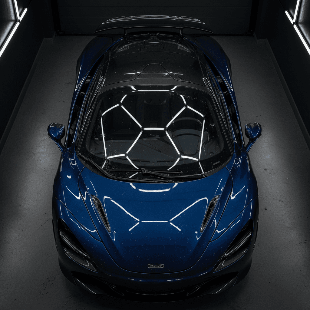 Close-up of a glossy black sedan door panel reflecting light after polish
