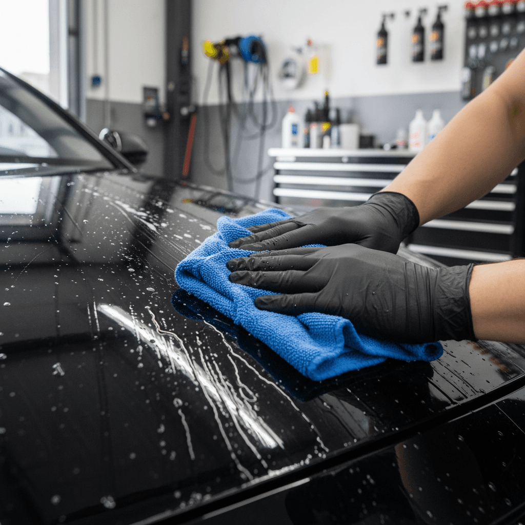 Technician wiping down a car dashboard with a microfiber cloth
