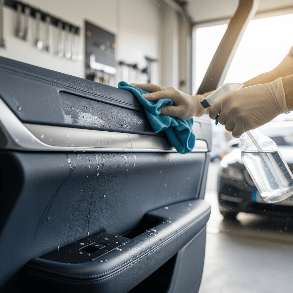 Technician deep cleaning a leather car seat with a soft brush