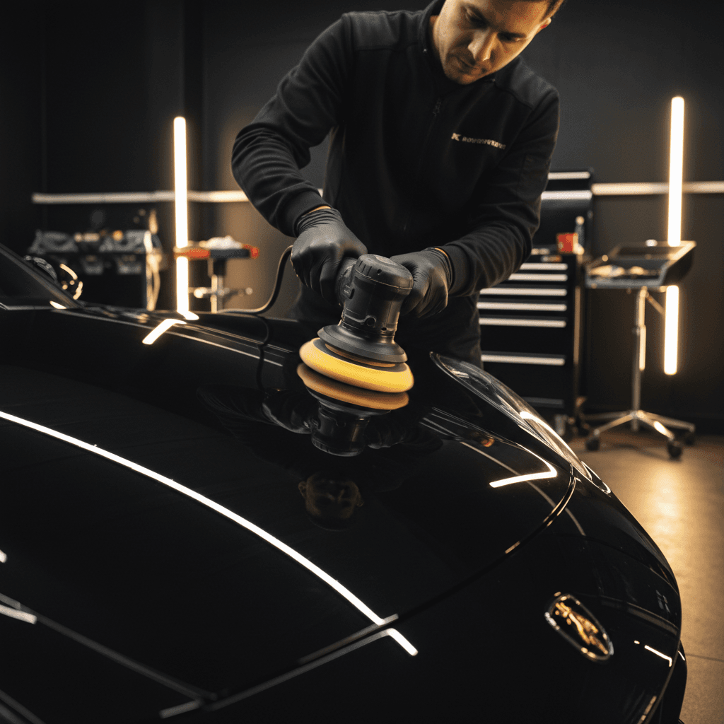 Detailer polishing a dark car hood with a microfiber cloth