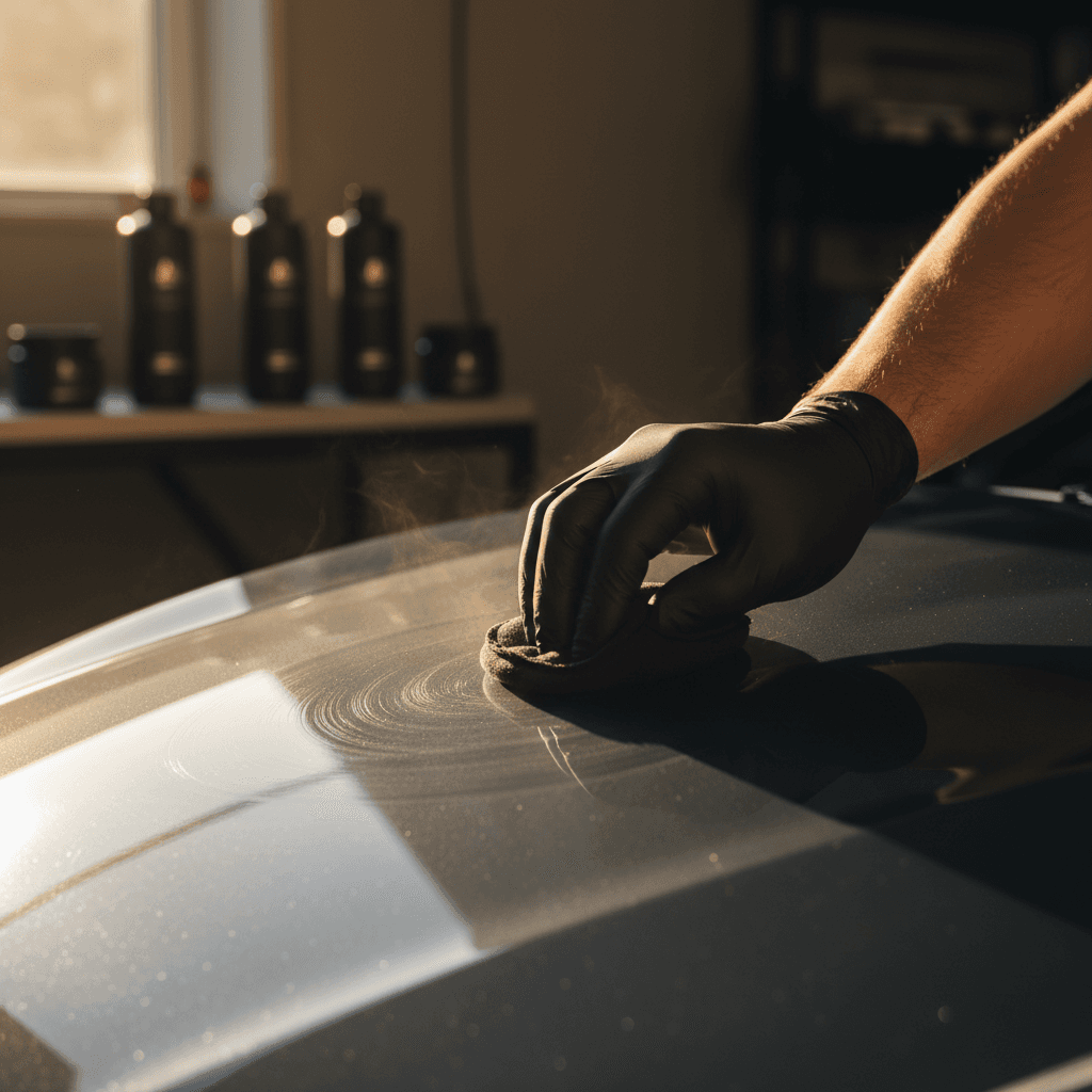 Close-up of a detailing brush working into a tight seam on a car console