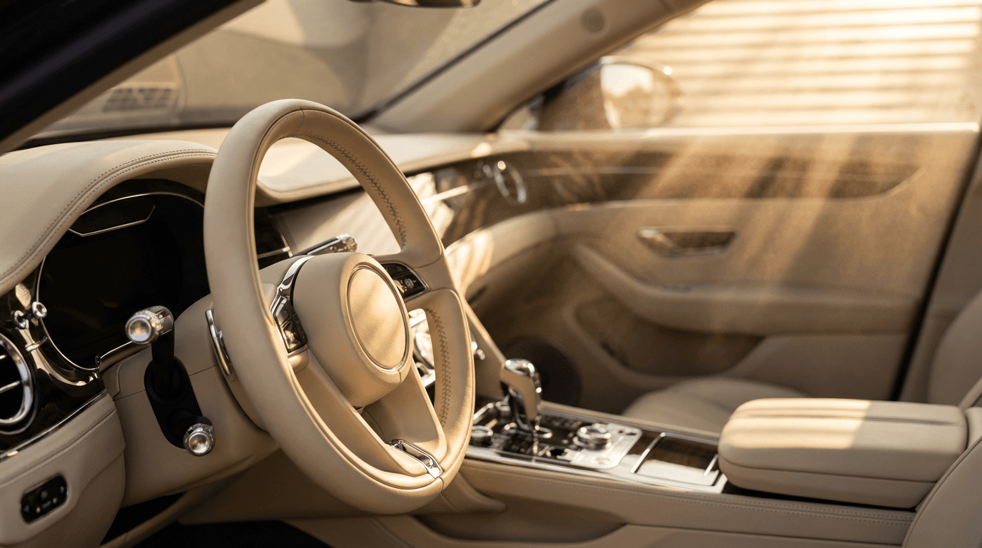 Pristine leather car interior with spotless dashboard